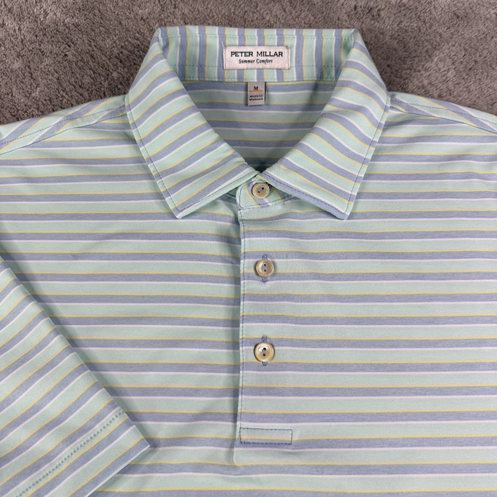 Peter Millar Summer Comfort Polo Mens M Blue Green Striped Stretch Golf Shirt
